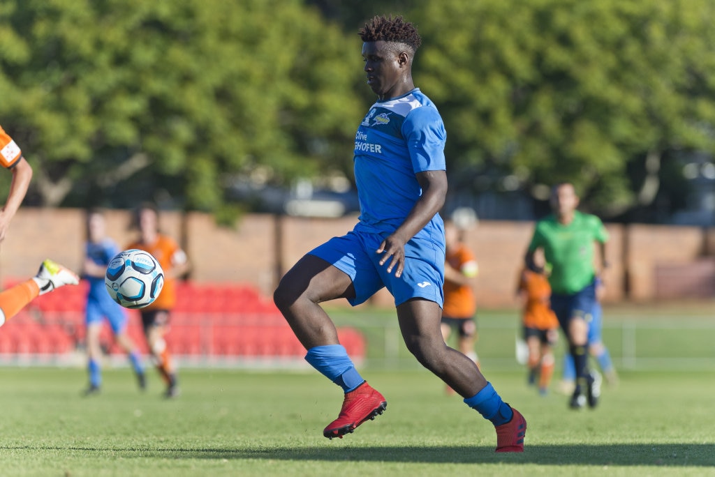 Kimba Kibombo for South West Queensland Thunder against Brisbane Roar in NPL Queensland men round two football at Clive Berghofer Stadium, Saturday, February 9, 2019. Picture: Kevin Farmer