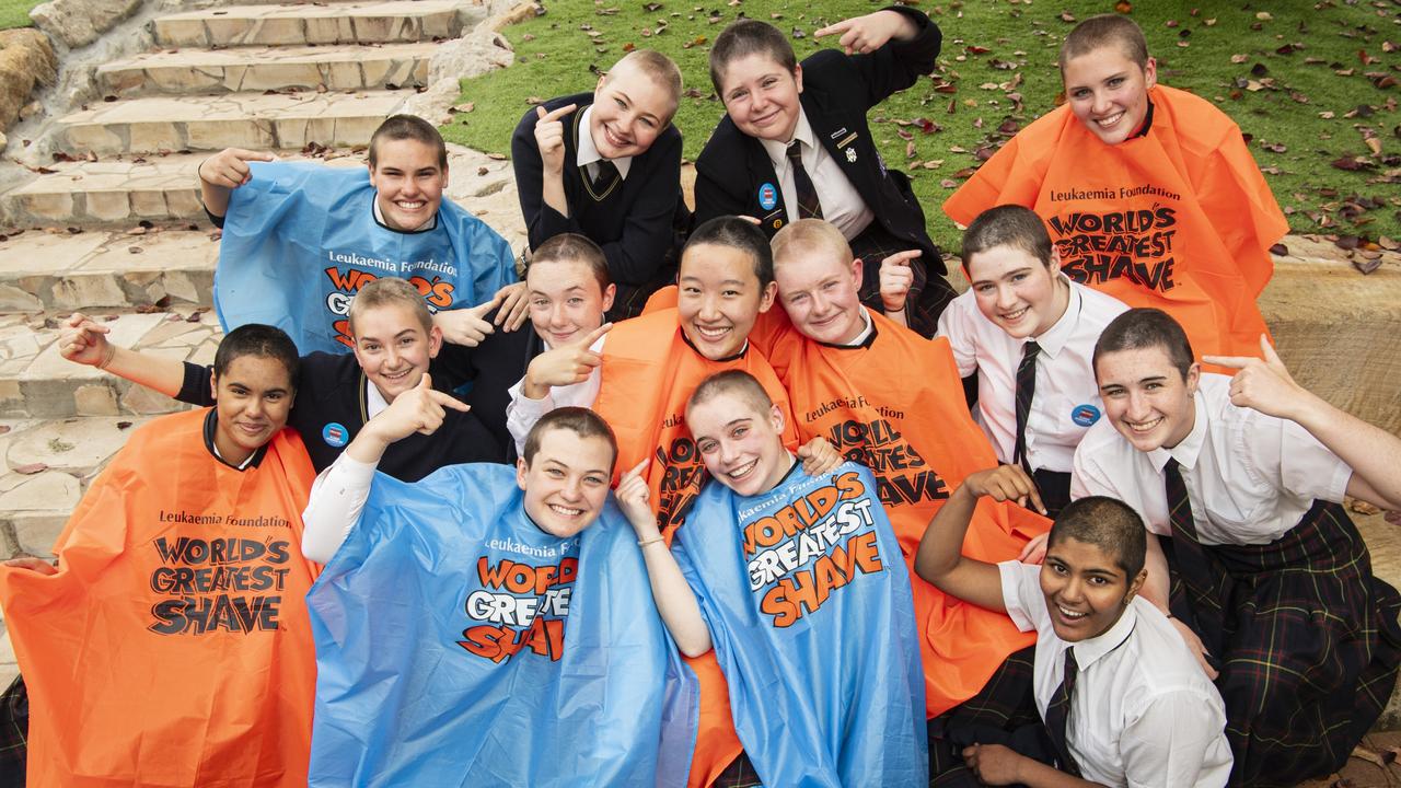 Part of highest fundraising team in Queensland are (from lef) Sophie Khan, Pip Lilford (back), Olivine Murphy, Annabelle Rogan (front), Lizzie Kelly, Katie Campbell, Rachel Yap, Ciara Teahan, Haylee Crouch (back), Ruby Newell, Scarlett Reedy, Lakshithaa Prabu, Pearl Tweedy (back) and Heather McKenzie as the Fairholme College community raise over $95k for the Leukaemia Foundation in the World's Greatest Shave, Friday, May 24, 2024. Picture: Kevin Farmer