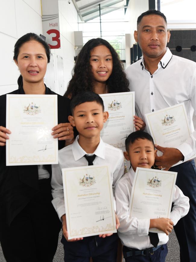 New Australian citizens Giovanna Fernandez Esquibel, Athena Beatriz Fernandez Esquibel, Atilano Jr Gayas Esquibel, Atheloa Miguel Fernandez Esquibel and Athelstan Gene Esquibel at the City of Darwin citizenship ceremony. Picture: Katrina Bridgeford