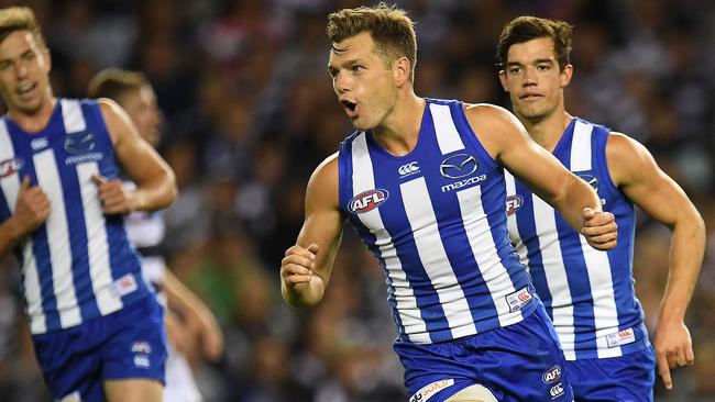 Shaun Higgins celebrates a goal for North Melbourne. Picture: AAP Image