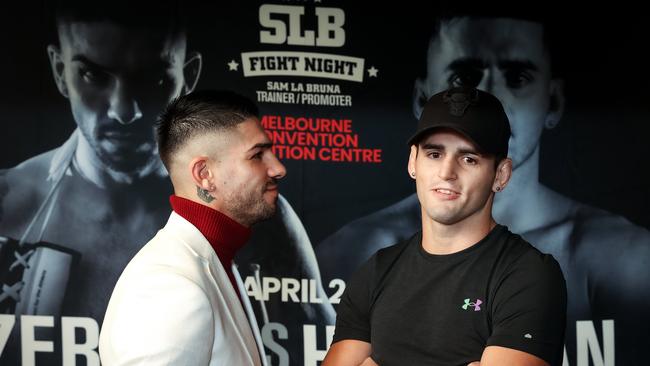 MELBOURNE, AUSTRALIA - NewsWire Photos 09 MARCH 2022 : Boxers Michael Zerafa and Issac Hardman face off ahead of their IBF middleweight world title eliminator fight on 20 April at the Melbourne Convention Centre. Picture: Ian Currie.