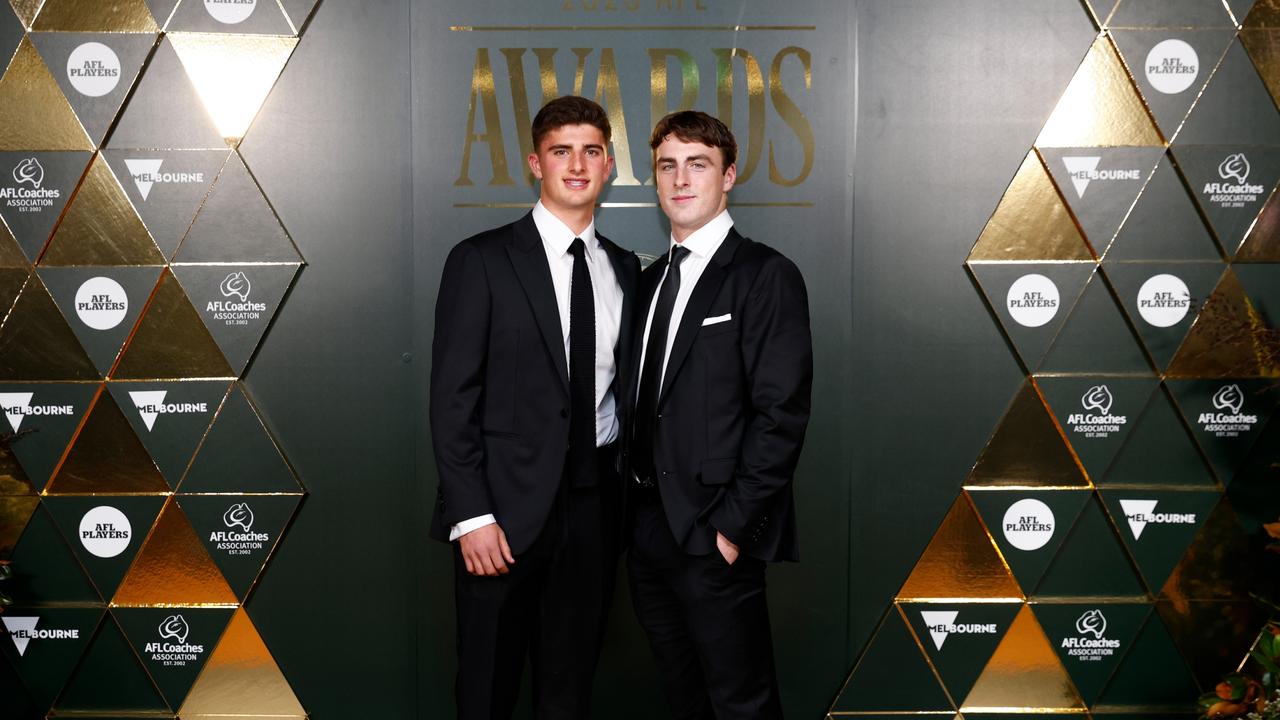 Harry Sheezel (left) with Kangaroos teammate George Wardlaw before he claimed the Rising Star and AFLPA Best First-Year Player award. Picture: Daniel Pockett / Getty Images