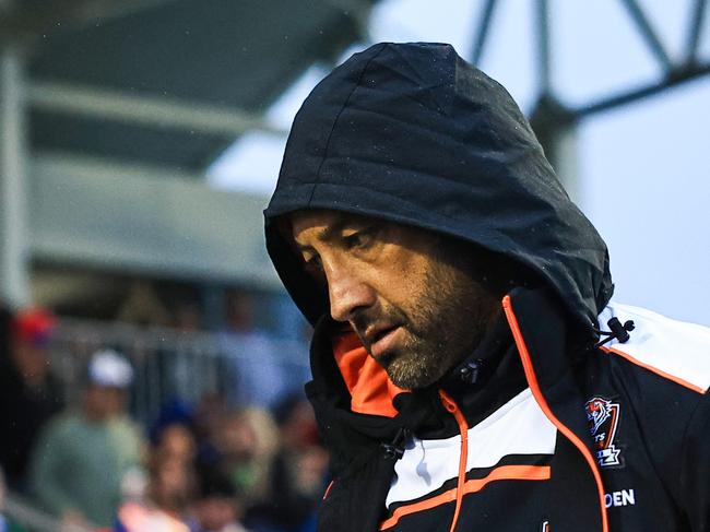 TAMWORTH, AUSTRALIA - MAY 11: Benji Marshall head coach of the Tigers walks off at the end of the game after their loss during the round 10 NRL match between Wests Tigers and Newcastle Knights at Scully Park, on May 11, 2024, in Tamworth, Australia. (Photo by Mark Evans/Getty Images)