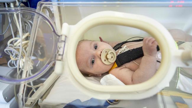 GFA 2025. PIPER - Paediatric Infant Perinatal Emergency Retrieval unit. The PIPER unit takes baby Nora (8weeks) home from the RCH to Shepparton. Piper team members Jo and Annie prepare to transport Nora. Picture: Jake Nowakowski