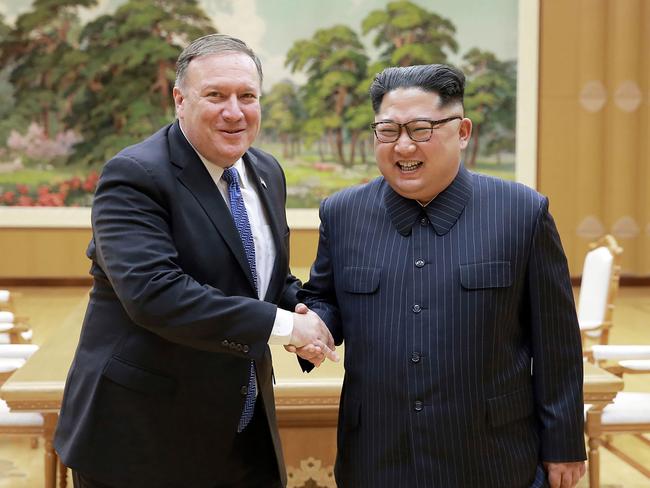 Mr Pompeo and Kim meet on May 9. Picture: KCNA vis KNS/AFP