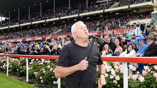 Daryl Braithwaite sings to the crowd before the 2018 Cox Plate. Picture: Nicole Garmston