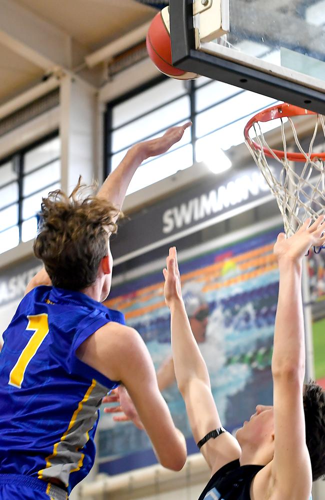 Quinn Lambert going up for a rejection in round 8. GPS First V basktetball game between Churchie and Brisbane Boys Grammar. Saturday September 3, 2022. Picture, John Gass