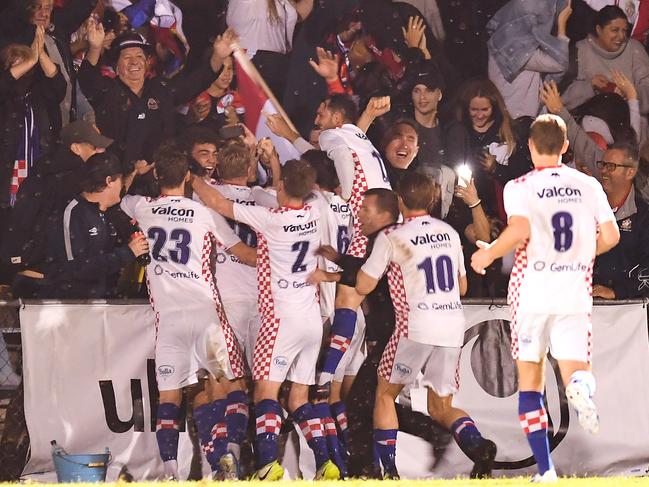 The Gold Coast Knights celebrate with fans after Oskar Dillon’s second-half goal. Picture: Albert Perez/Getty Images