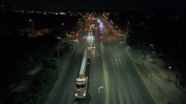 Police escorted the trucks as they brought the massive beams from Melbourne. Picture: Dept of Transport and Infrastructure