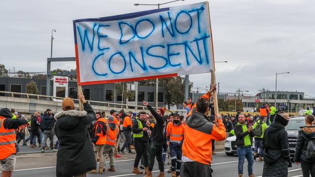 Protests erupted in Melbourne last month as people rallied against mandatory vaccines. Picture: Asanka Ratnayake/Getty Images