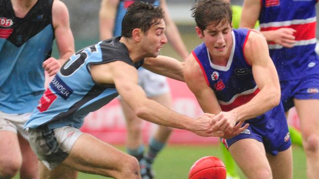 Rivals Keilor and Aberfeldie lock horns in the Essendon District league. Picture: Jamie Morey