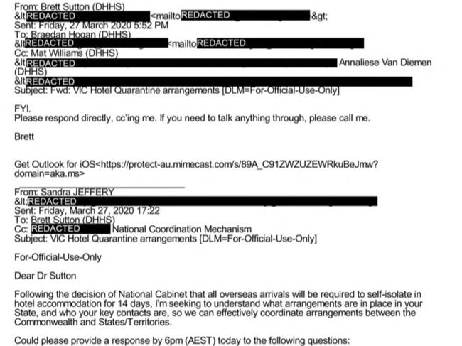 Emails released by the hotel inquiry reveal Professor Brett Sutton was included in communications about the use of private security in March.