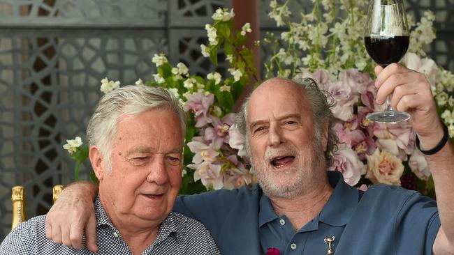 Gerry Ryan and Michael Gudinski toast the winning horse. Picture: Josie Hayden