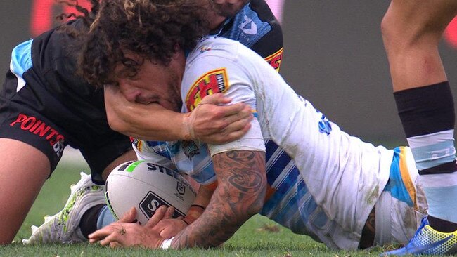 The moment Proctor allegedly bit Cronulla’s Shaun Johnson.