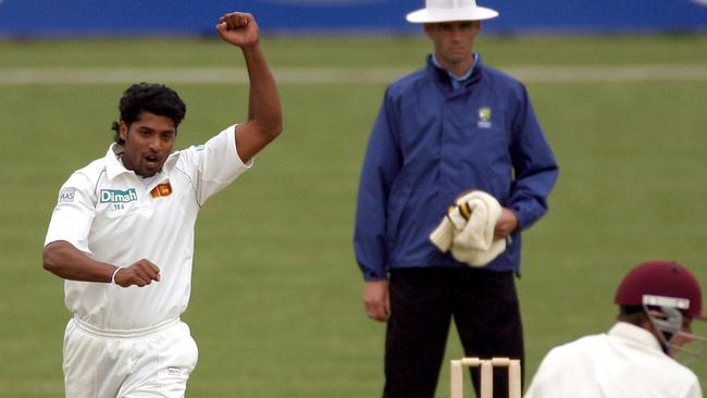 Chanaka Welegedara claims a wicket for Sri Lanka against the Chairman's XI at Adelaide Oval.