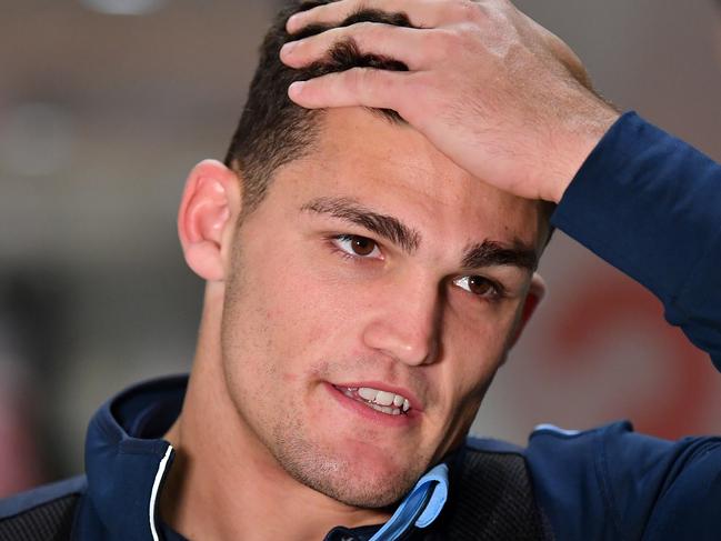 NSW Blues player Nathan Cleary speaks to the media as he arrives at Sydney Domestic Airport in Sydney, Monday, June 24, 2019. The Queensland Maroons were defeated 38-6 by NSW in Game 2 of the 2019 State of Origin series in Perth on Sunday. (AAP Image/Joel Carrett) NO ARCHIVING