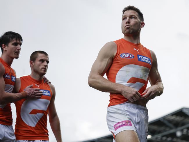 Toby Greene of the Giants leads the team off the ground after defeat during the round 24 AFL match between Western Bulldogs and Greater Western Sydney Giants at Mars Stadium, on August 25, 2024, in Ballarat, Australia. (Photo by Daniel Pockett/Getty Images)