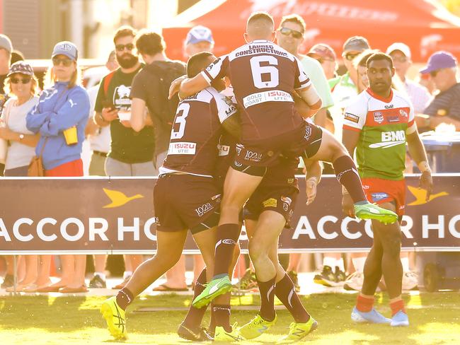 Burleigh players celebrate Kurtis Rowe’s second try in the Intrust Super Cup grand final against Wynnum Manly. Picture: Albert Perez/Getty Images