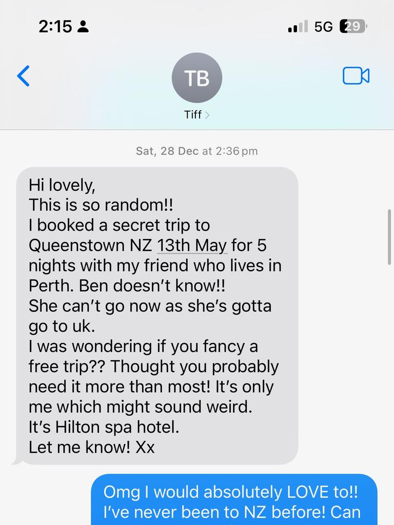 Ms Black offers the trip to Ms White. The trip never eventuated. Picture: Supplied