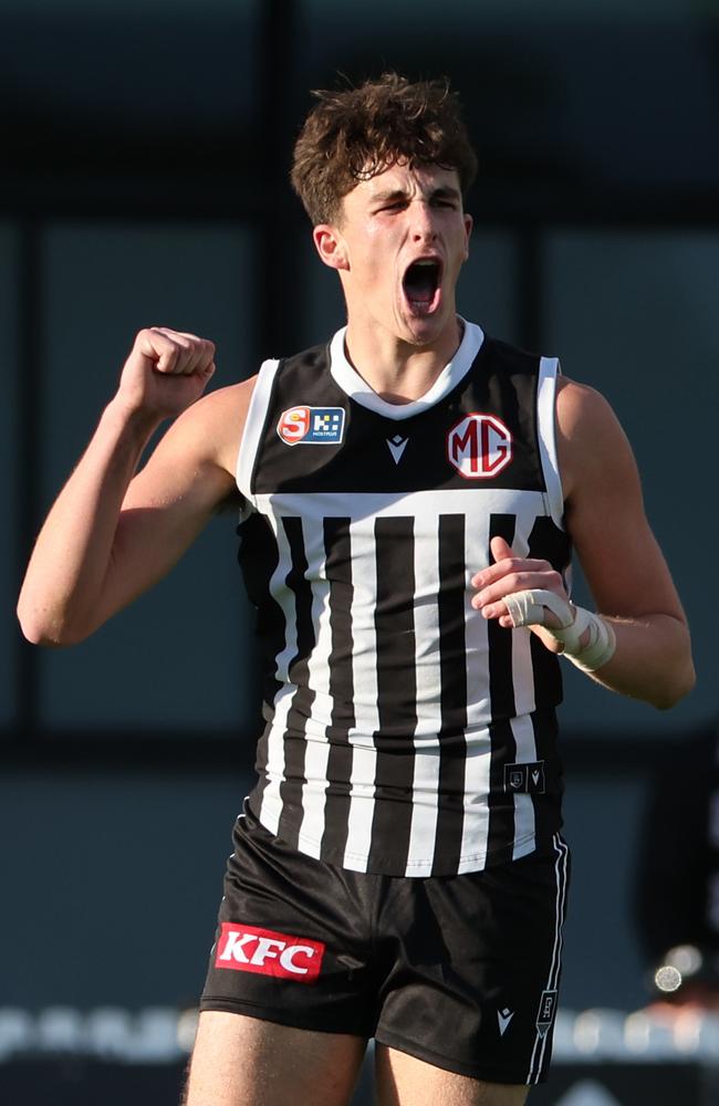 Thomas Scully of the Magpies reacts after scoring a goal during the Round 10 SANFL match between Port Adelaide and West Adelaide in June. Picture: SANFL Image/David Mariuz.
