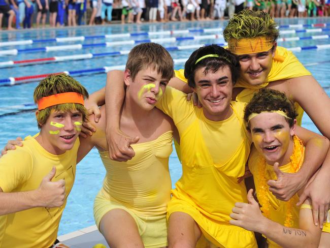 Townsville's Ignatius Park students from Nolan House L-R Cody Larsen, William Louden, Jack Healy, Kurt Worth and Chris Penney dressed up at the school's swimming carnival.