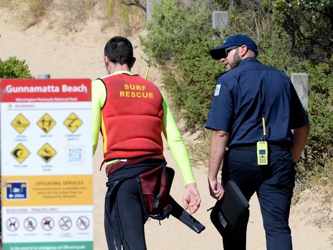 Emergency services search for a missing swimmer at Gunnamatta surf beach. Picture: Andrew Henshaw