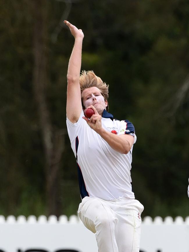 Cricket Gold Coast’s Kookaburra Cup. Day two between Mudgeeraba Nerang and Burleigh at Nerang RSL Oval. Mudgeeraba bowler McKenzie Barclay in action. Picture: Steve Holland.