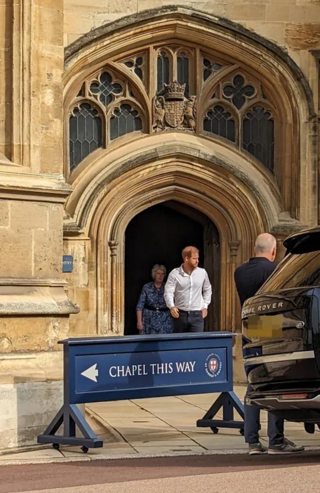 Prince Harry was spotted leaving St George's Chapel today, the Queen's final resting place. Picture: amygiles0188/Twitter