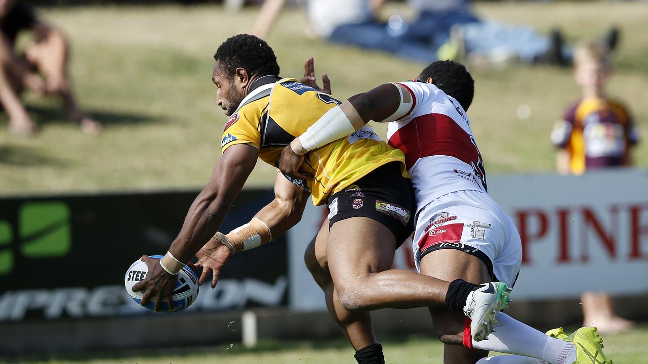 TRY TIME: Falcons' Justin Olam in action between the Redcliffe Dolphins and the Sunshine Coast Falcons in the Intrust Super Cup in 2017. Picture: AAP Photo/Josh Woning.