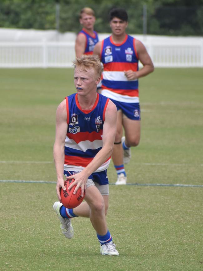 Joel Ramsdale in the Moranbah Bulldogs v Whitsunday Sea Eagles u17s AFL grand final at Magpies Sporting Club, Mackay, September 11, 2021. Picture: Matthew Forrest