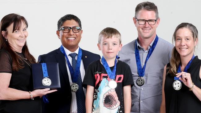 L to R,  Marie King (on behalf of winner Sam King), Professor Ajay Rane, Julian Hohnen 7yrs, Doctor Jeff Hooper, Nadine Biddle, Pride of Australia event, awarding 5 medallists, Bowen Hills, Brisbane, Friday 6th December 2019 - Photo Steve Pohlner