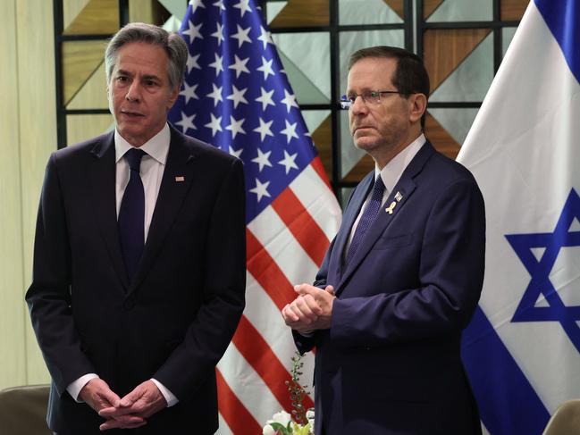 US Secretary of State Antony Blinken (L) with Israeli President Isaac Herzog in Tel Aviv, on May 1, 2024. Herzog says US campuses are ‘contaminated by anti-Semitism’. Picture: AFP