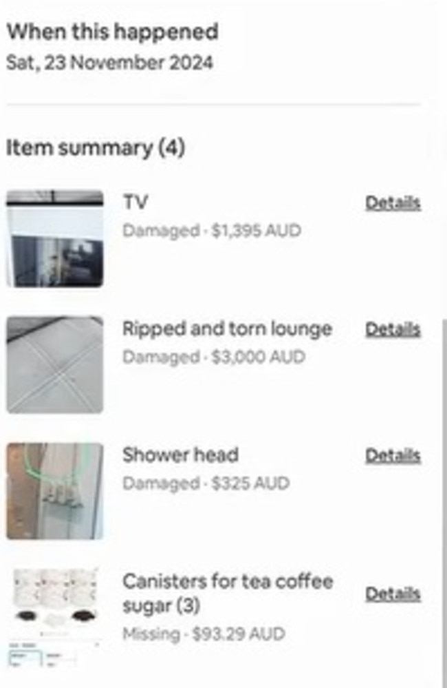 The host claimed the girls ruined a TV with damages amounting to $1395, a lounge ($3000), a shower head ($325) and three tea and coffee canisters ($93.29). Picture: A Current Affair