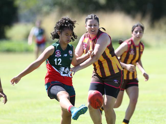 Precious Simeona of the South Cairns Cutters and Kareena White of the Manunda Hawks at Maher Road Oval, Gordonvale. Picture: Harry Murtough