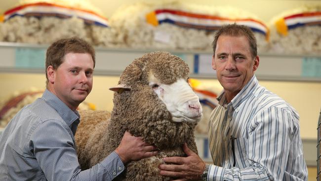 Collinsville merino stud owner George Millington with previous owner Paddy Handbury. Picture: Tait Schmaal.