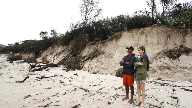 BYRON BAY, AUSTRALIA - DECEMBER 14:  Long stretch of coastal areas seen disappeared due to erosion along the beach side, December 14, 2020 in Byron Bay, Australia. Byron Bay's beaches face further erosion as wild weather and hazardous swells lash the northern NSW coastlines. (Photo by Regi Varghese/Getty Images)