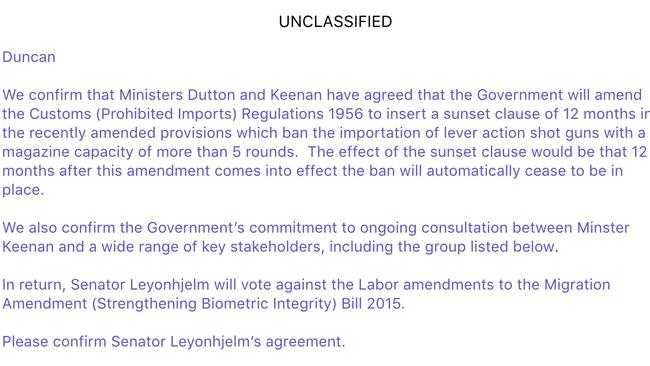 The email David Leyonhjelm says proves there was a deal.