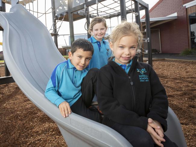 Sorell School upgrade, students Logan 7, Charlotte 5 and Georgie 5. Picture: Chris Kidd