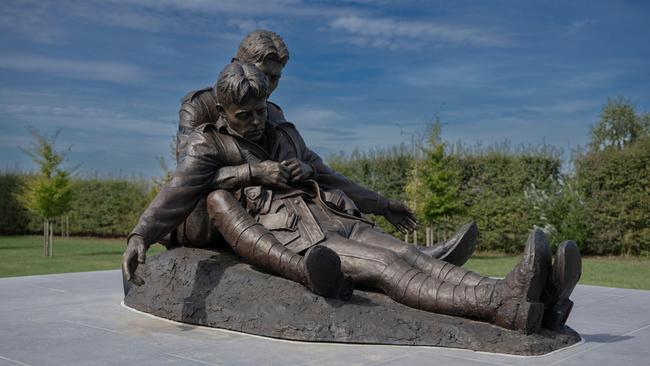 The statue depicts two Australian soldiers, John “Jack” Hunter who died in the arms of his younger brother, Jim. Picture: Alamy.