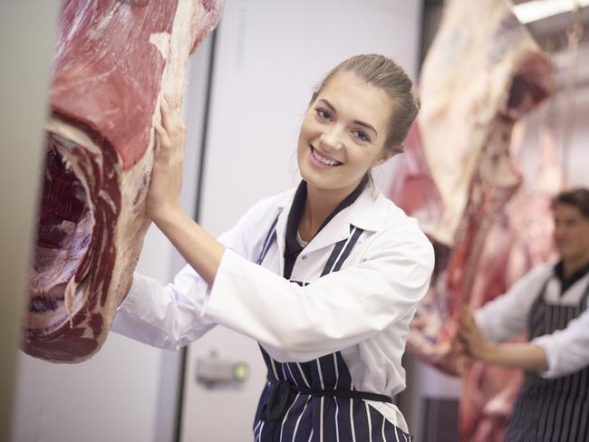 two young butcher apprentices  move beef from the cold store in a commercial butchers. The female butcher smiles to camera . They are wearing chef's whites and a striped blue aprons. butcher shop generic for Savvy Shopper