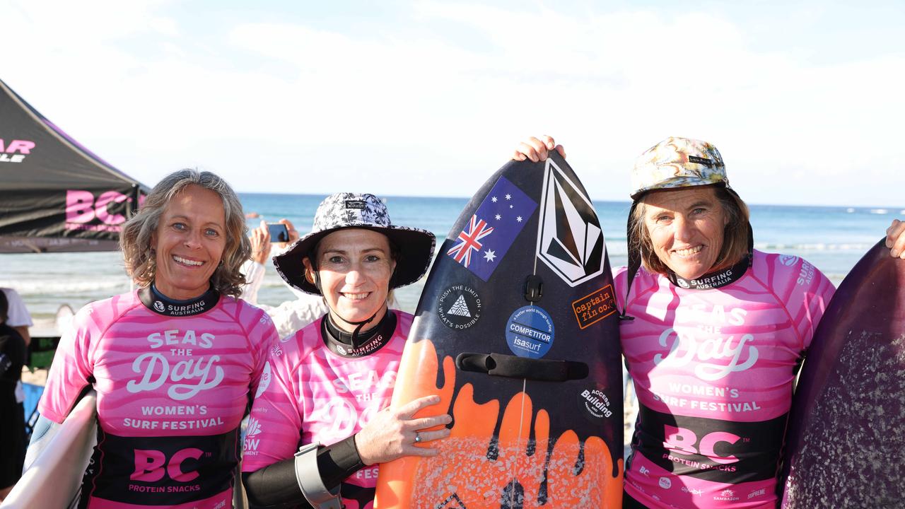 Kate Wilcomes, Emma Dieters and Pam Burridge at Seas The Day Womens Surf Festival at Kingscliff for Gold Coast at Large. Picture, Portia Large.