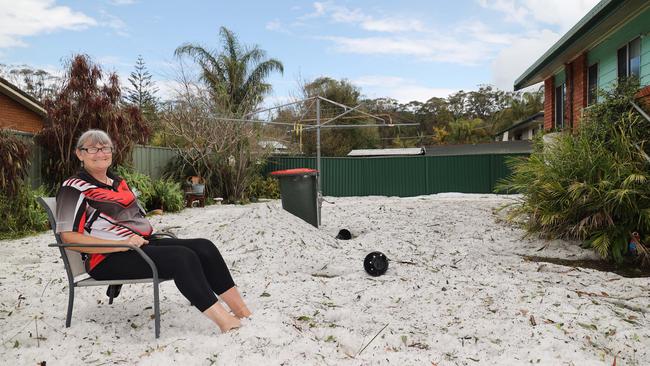 Toormina‘s Karen McPhee when hail covered Coffs in 2021. Picture: Frank Redward
