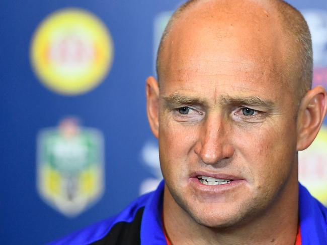 TOWNSVILLE, AUSTRALIA - APRIL 22:  Knights coach Nathan Brown speaks at the post match media conference at the end of during the round eight NRL match between the North Queensland Cowboys and the Newcastle Knights at 1300SMILES Stadium on April 22, 2017 in Townsville, Australia.  (Photo by Ian Hitchcock/Getty Images)