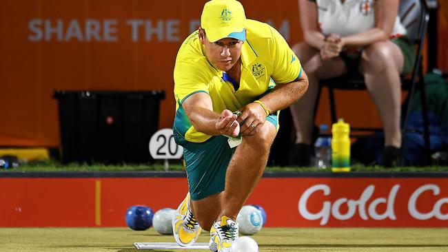 Brett Wilkie of Australia plays a bowl during the men's pairs game between Australia and Guernsey on day two of the Gold Coast 2018 Commonwealth Games at Broadbeach Bowls Club. Picture: Getty Images