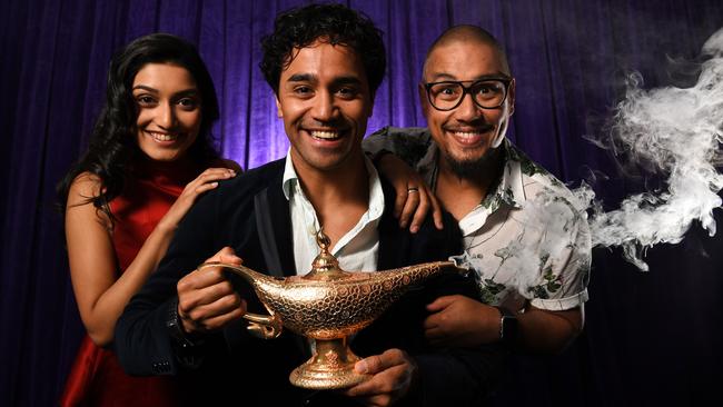 Disney's Aladdin stars Shubshri Kandiah (Jasmine), Graeme Isaako (Aladdin) and Gareth Jacobs (Genie) at Electra House. Picture: Tricia Watkinson