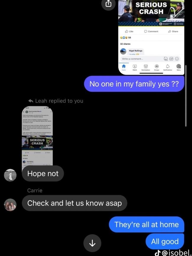 The Maxwell family group chat moments before they discovered their sister Odetta Maxwell was involved in a car crash. Picture: Supplied