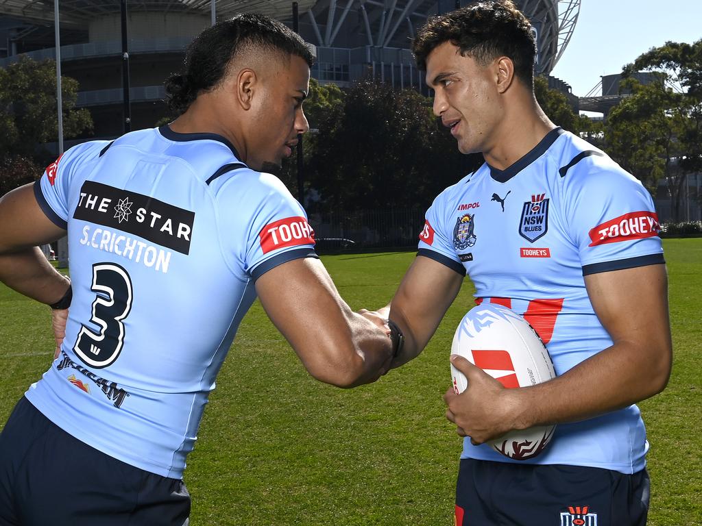 Stephen Crichton practises his handshake with Joseph Suaalii. Picture: NRL Photos/Gregg Porteous