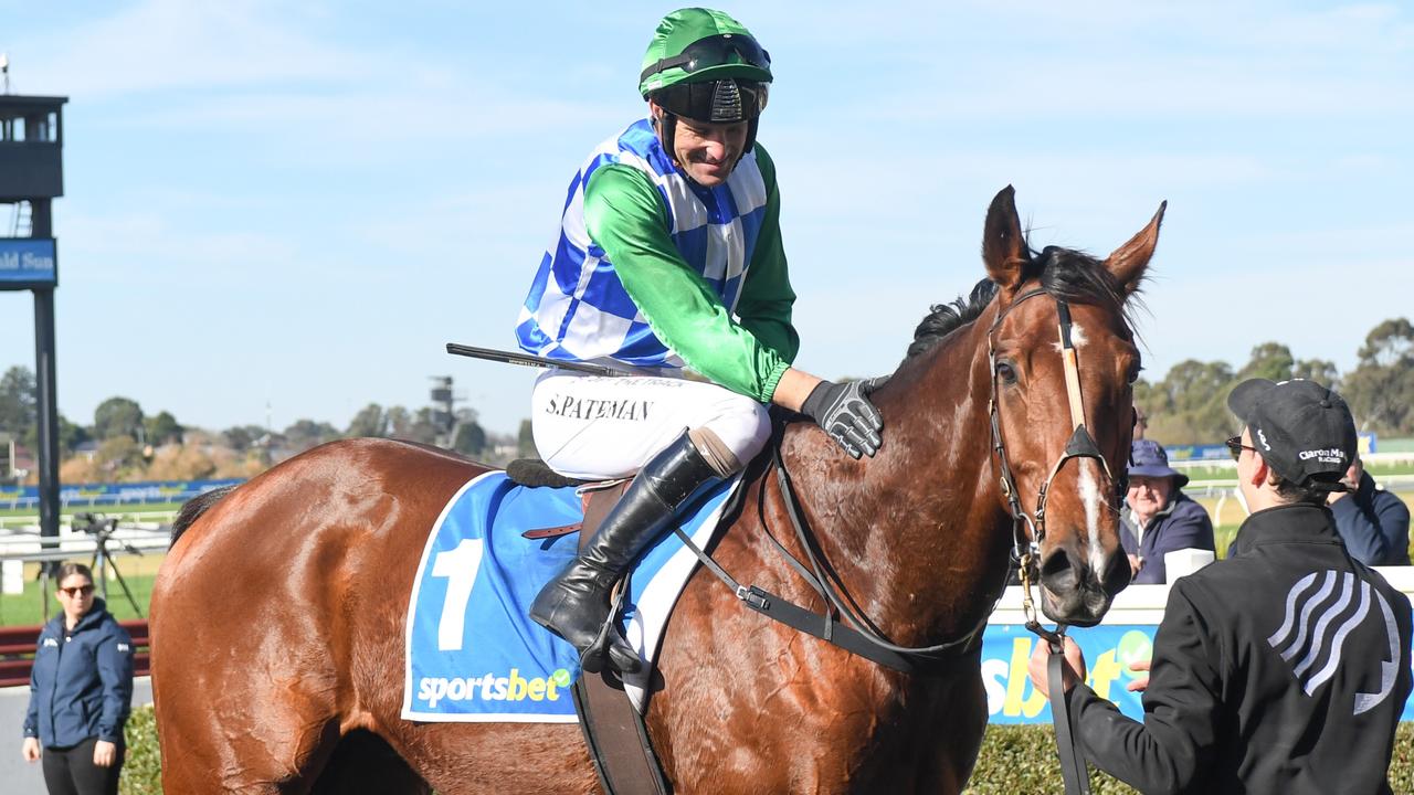 Steven Pateman gives Stern Idol a pat after winning the Australian Steeplechase. Photo: Brett Holburt/Getty Images.