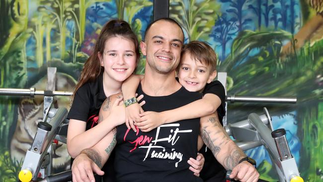 Genfit has won best gym on the Gold Coast. Photo of Michael Kassouh with his kids Laila Jade Kassouh (10) and Jay Kassouh (7). Photo by Richard Gosling