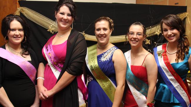 Biggenden Miss Showgirl 2012 Jess Rollinson with Miss Personality Amanda Bargenquast, Biggenden Miss Showgirl 2013 runner up Sally Wheeler, Biggenden Miss Showgirl 2013 winner Krystal Wilson and Queensland 2012 Miss Showgirl, Jess Robinson at Saturday night's judging. Photo Contributed